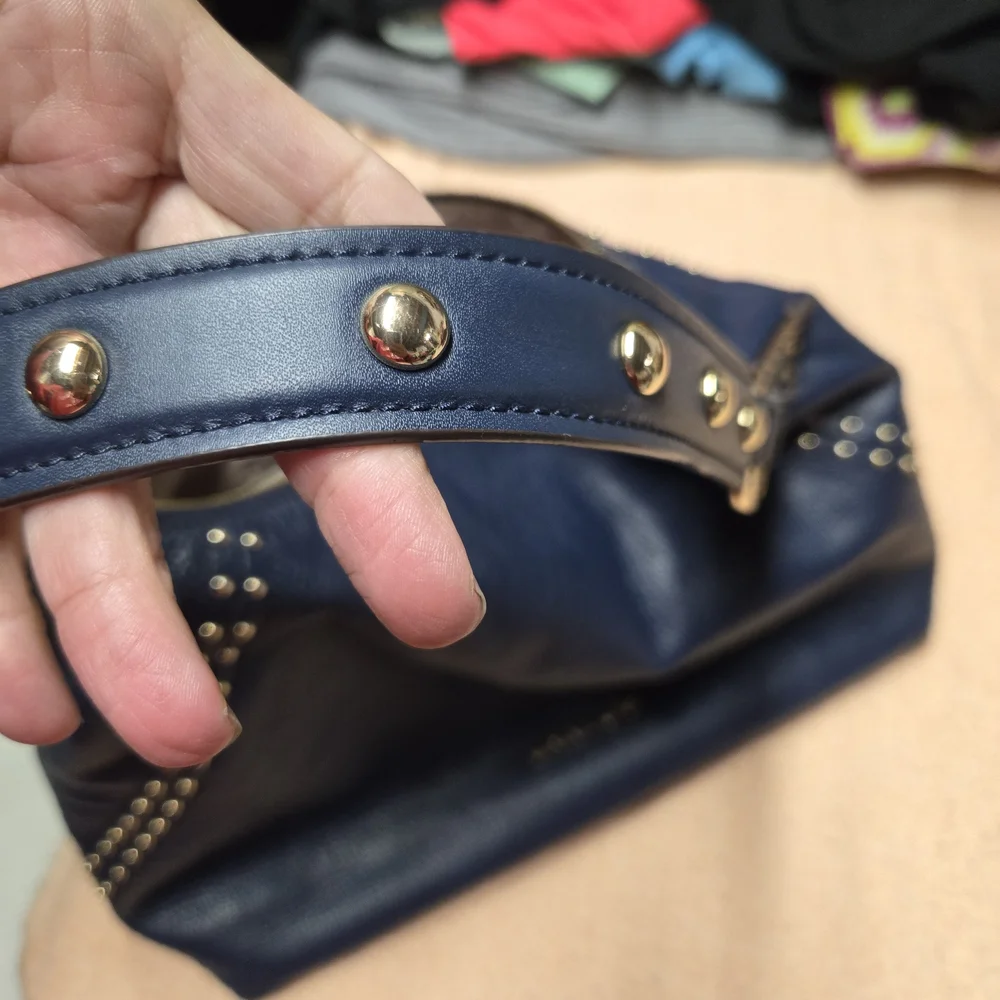 Michael Kors Navy Blue Leather Studded Shoulder Bag with Gold Hardware